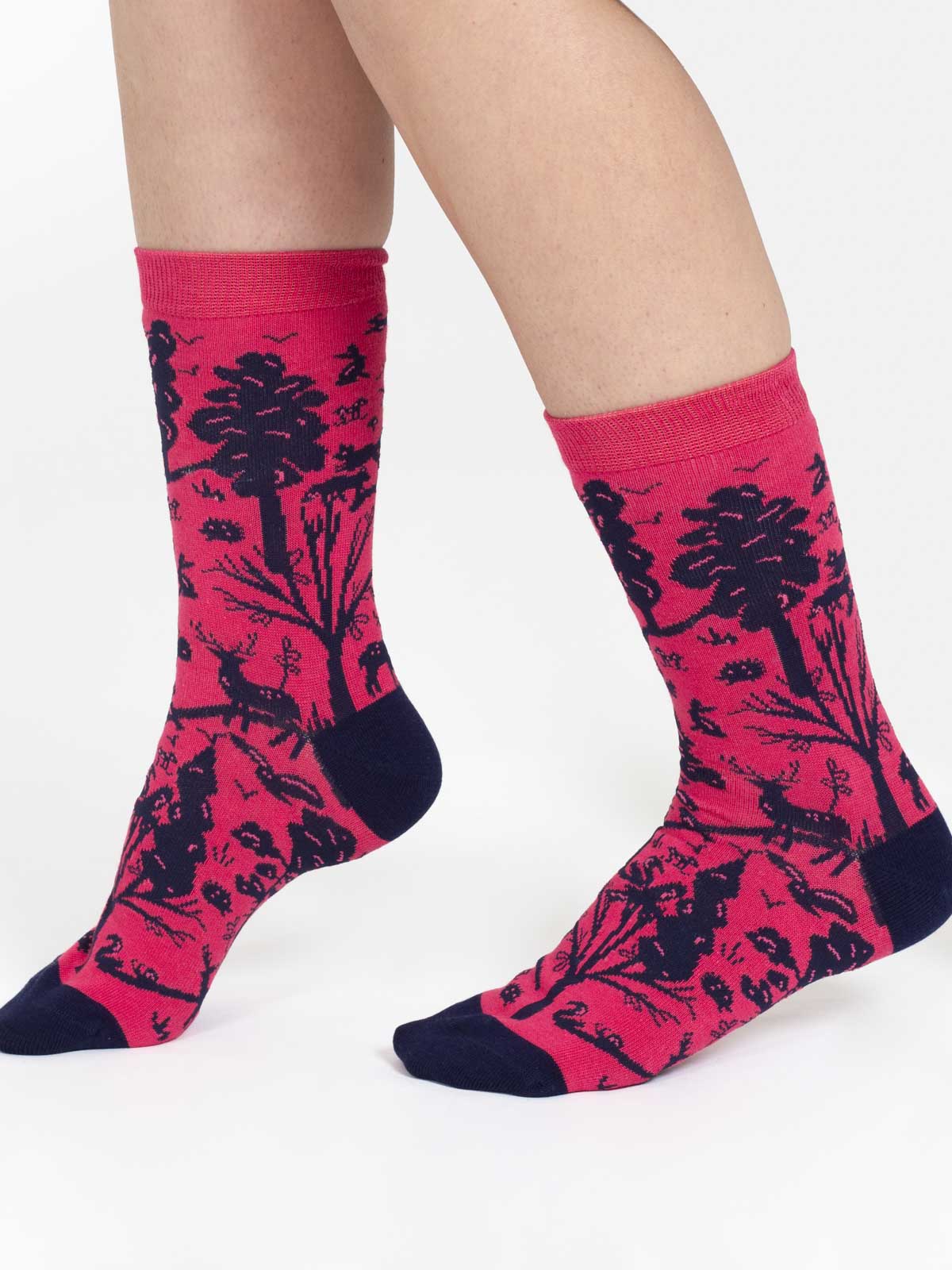 Woodland Scene Organic Cotton Crew Socks - Pink Navy